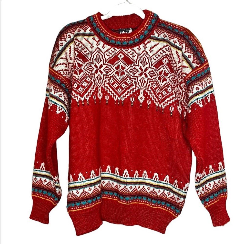 Dale of Norway Vintage Red Orange Fair Isle Balloon Sleeve Wool Sweater M